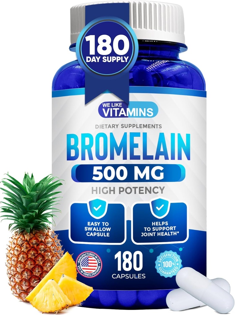 Ne plac vitaminele Bromelain 500 mg capsule - 1200 GDU/Serving - Bromelain Supliment de extract de ananas - enzime  Proteolitice pentru digestia, absorbţia, durerea articulară, dureri musculare - 180 capsule