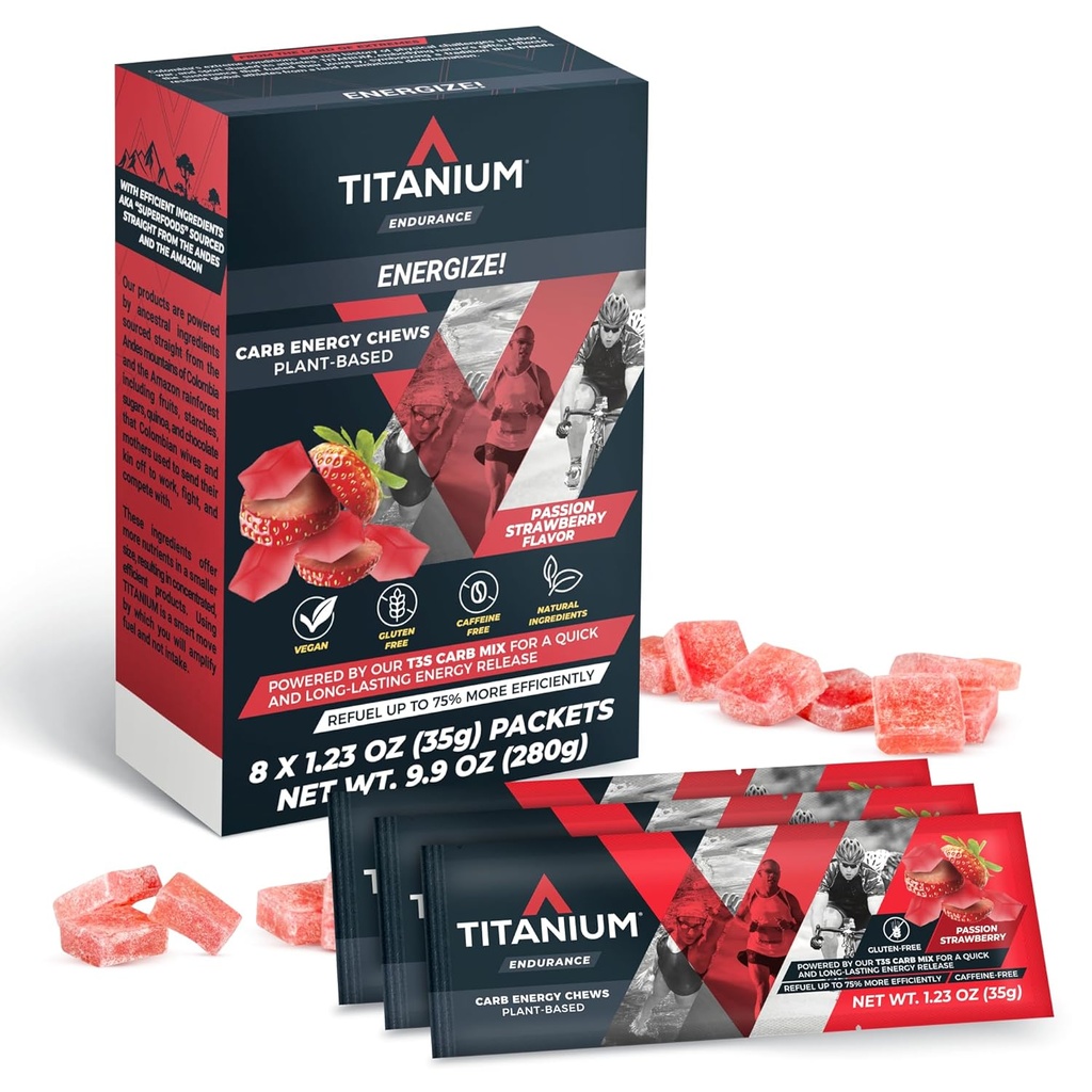 Gume de energie TITANIUM pentru rularea, ciclism - plante-based de energie de rezistenta naturala gume pentru a re combustibil - Suplimente energetice - Preworkout Snack Bloks - mai rapid decât geluri de energie - No Cafeina - 8 Conte