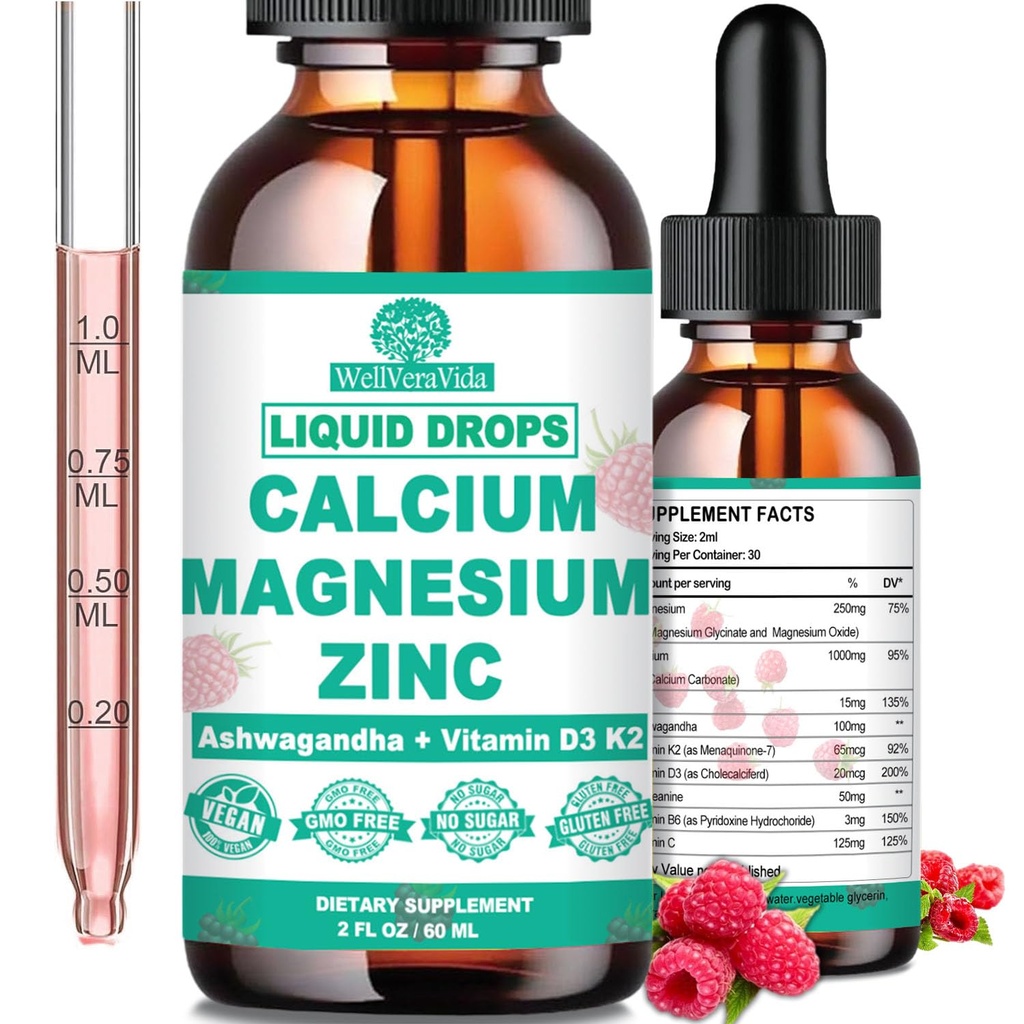Calciu Magneziu Zinc D3 cu Calm Magneziu Glicinat Plus Ashwagandha, L-Theanină, Calciu lichid cu vitamina D3 și Supliment de magneziu pentru Imun, Os, Muscle, Mood & Sleep Support