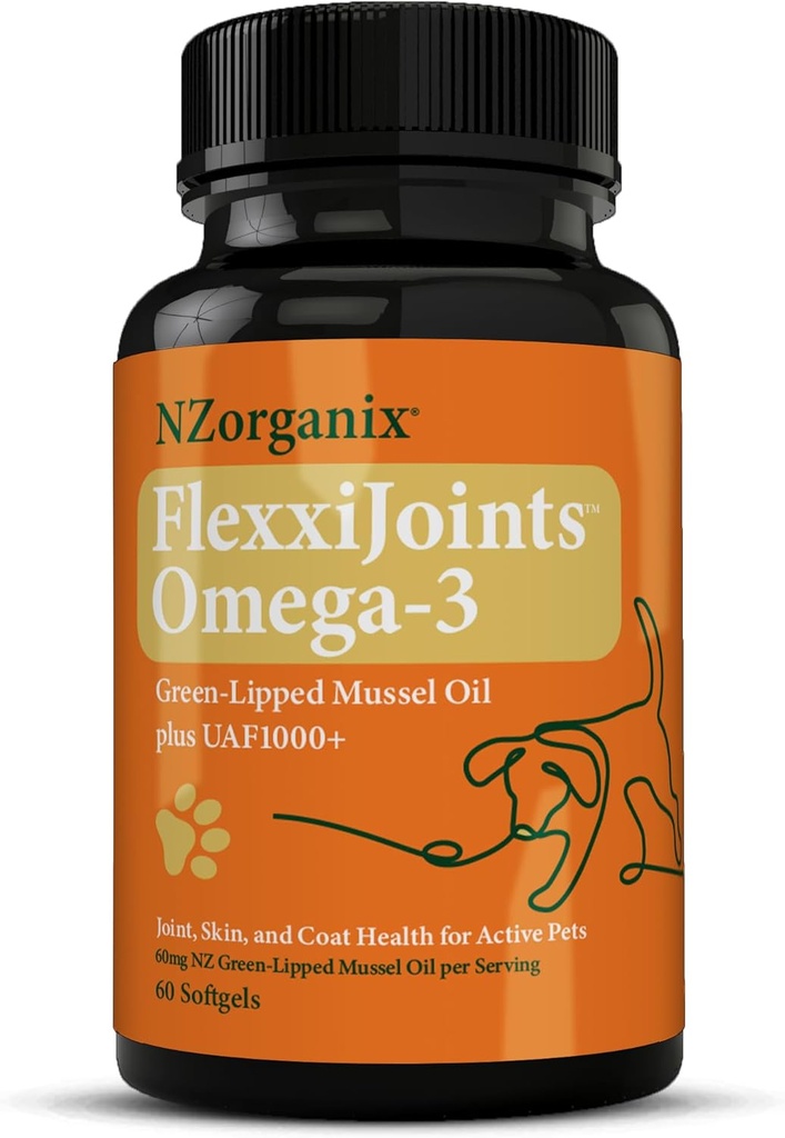 FlexxiJoints Omega-3 Hip și Supliment comun • Green-Liped Mussel Omega-3 Ulei pentru câini • 100% Noua Zeelandă verde-Lipped Mussels (60 Softgels)