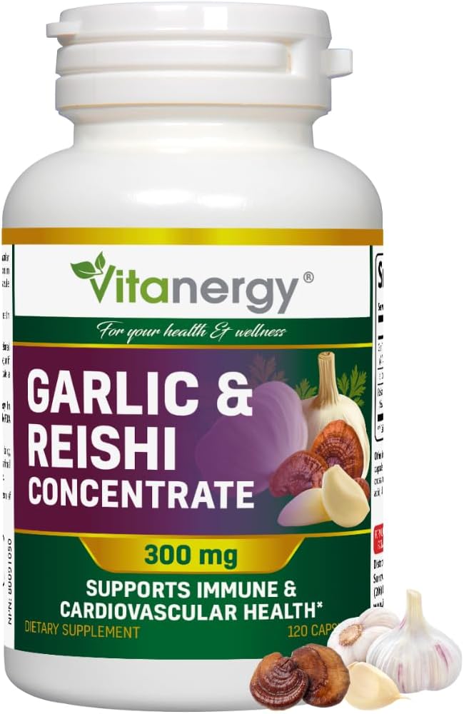 Usturoi si capsule Reishi - Cardiovascular Health & Imunity Support - Potent Whole Bulbs Extract, fără gust - 120 Vegan Caps