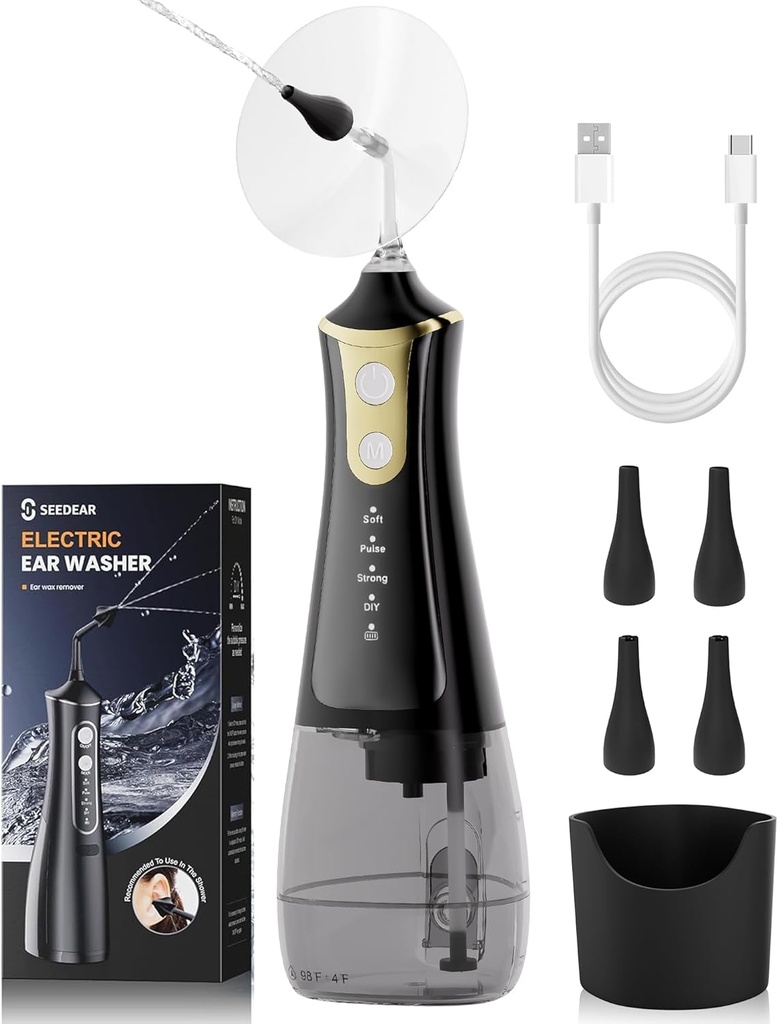 Kit pentru îndepărtarea urechii electrice, curăţător de ceară pentru urechi cu 4 moduri de presiune a apei, Kit de curăţare a urechii mai sigur şi sistem de irigare a urechii mai eficient, instrument de îndepărtare a urechii cu 4 duze (negru)