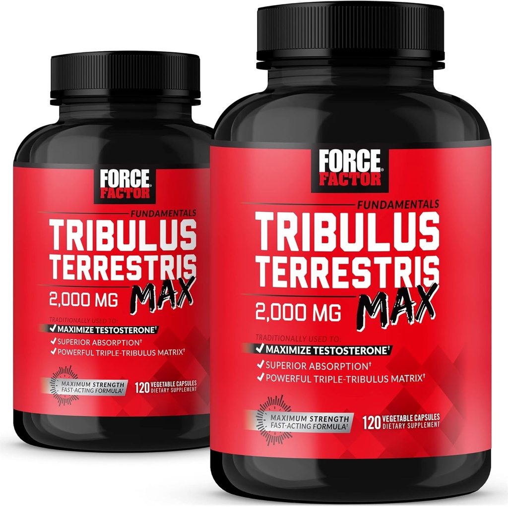 Force FACTOR Tribulus Terrestris Max pentru bărbați 2-Pachet, Testosteron Booster, Barbat Vitality Supliment, Made with Key Natural Ingrediente Absorbție superioară, 2000mg, 240 capsule, roșu