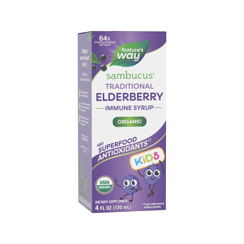 Natura's Way Sambucus Elderberry traditional Immune Syrup for Ages 1+, Tradiţional Immune Support*, Antioxidant Support*, Black Elderberry Extract, USDA Certified Organic, 4 Fl Oz