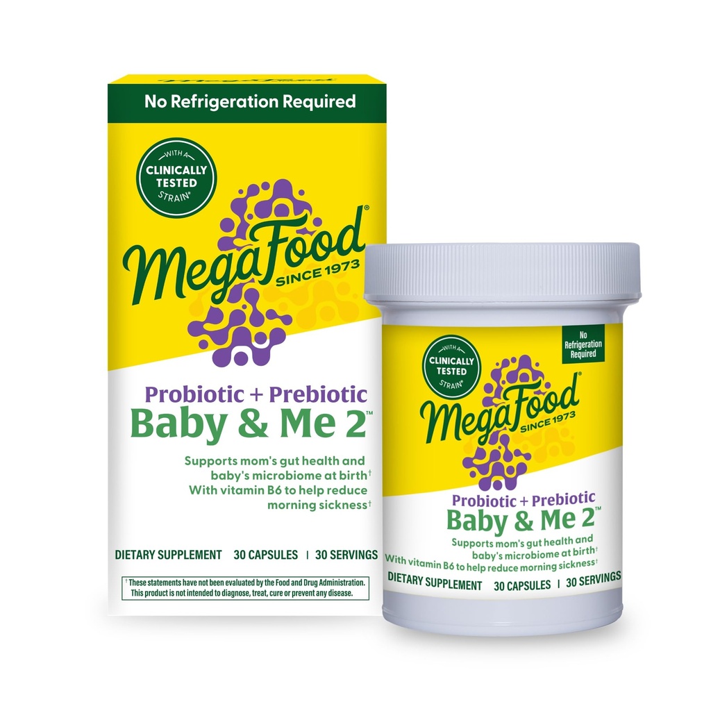 Megafood Baby & Me 2 Probiotic prenatal, Vegetarian Sarcina Prebiotice și Probiotice pentru femei, Digestive Health & Immune Support with Vitamina B6 for Morning Sickness Relief, 30 Capsule