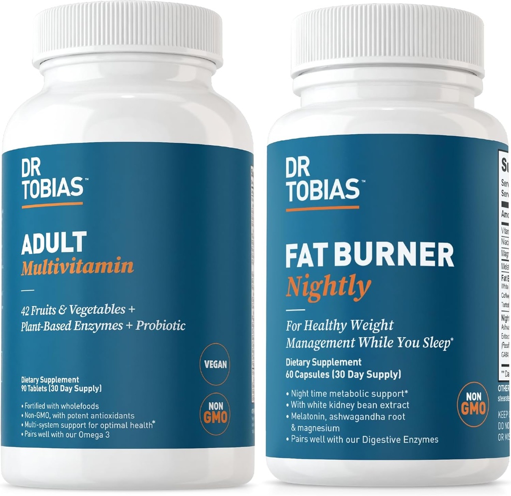 Dr. Tobias Fat Burner Nightly & Adult Multivitamine suportă energie, imunitate și metabolism cu Ashwagandha. 42 Fructe și legume cu probiotice, extract de fasole verde, non-GMO, 30 de zile de aprovizionare