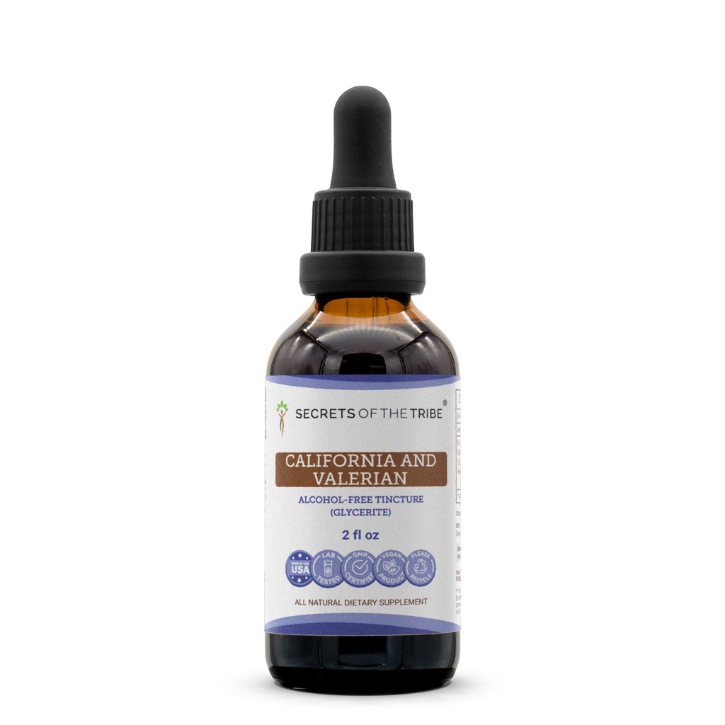 Secrete ale Tribului California şi extractului valerian de tinctură fără alcool, plante aromatice (California Poppy Herb and Flower, radacina valeriană) 2 oz