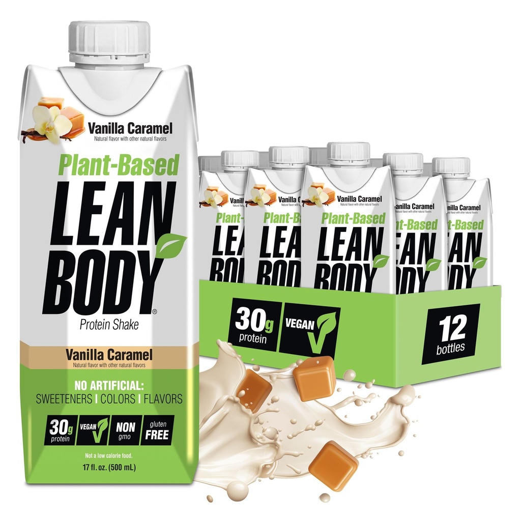 Lean Body Gata de băut, Pe bază de plante Vegan Vanilla Caramel Proteina Shake, 30g Proteina, Fără arome artificiale, Îndulcitori sau Culori, Non OMG, Gluten gratuit, Premium Pea & Rice Blend (Pachet de 12)