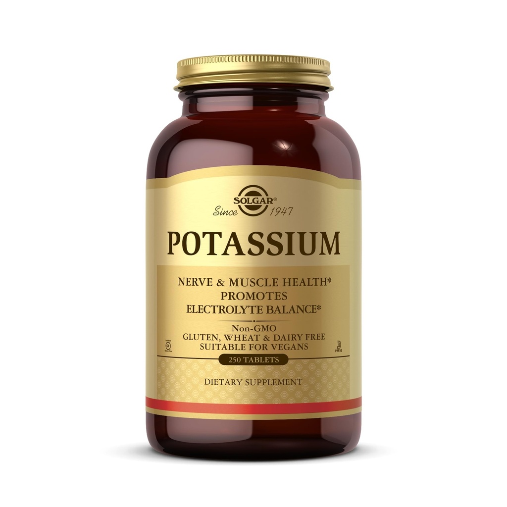 Solgar Potasiu - 250 comprimate - Nervi si sanatate musculara, promoveaza echilibrul electrolitic - Vegan, Gluten & Dairy Free, Kosher - 250 Serviri