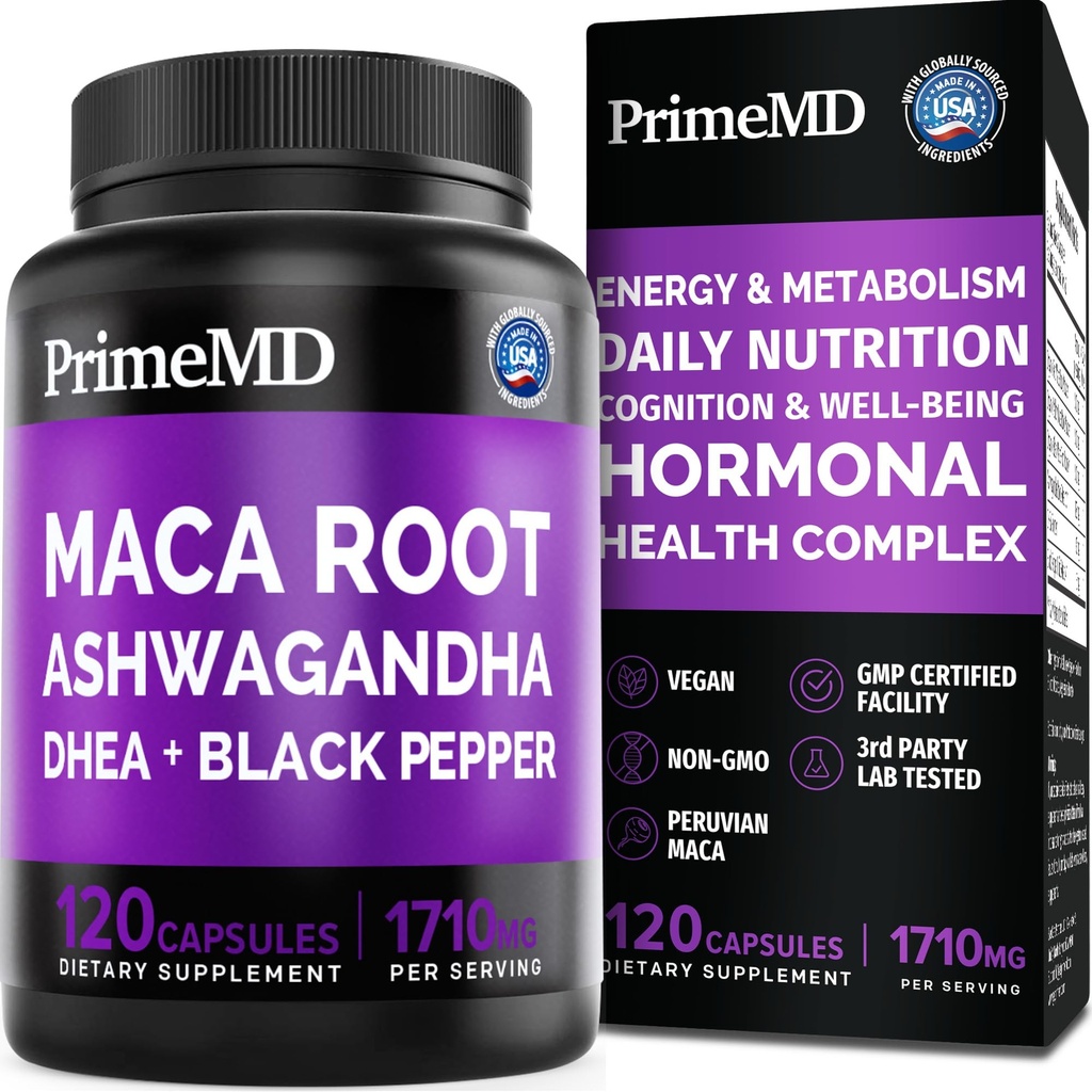 6-in-1 Organic Maca Root Ashwagandha Capsule 1710mg cu DHEA și extract de fructe de ardei negru pentru femei și bărbați - Black Maca Supliment pentru rezistenta, Bone și Mood Supplement, 120 conta