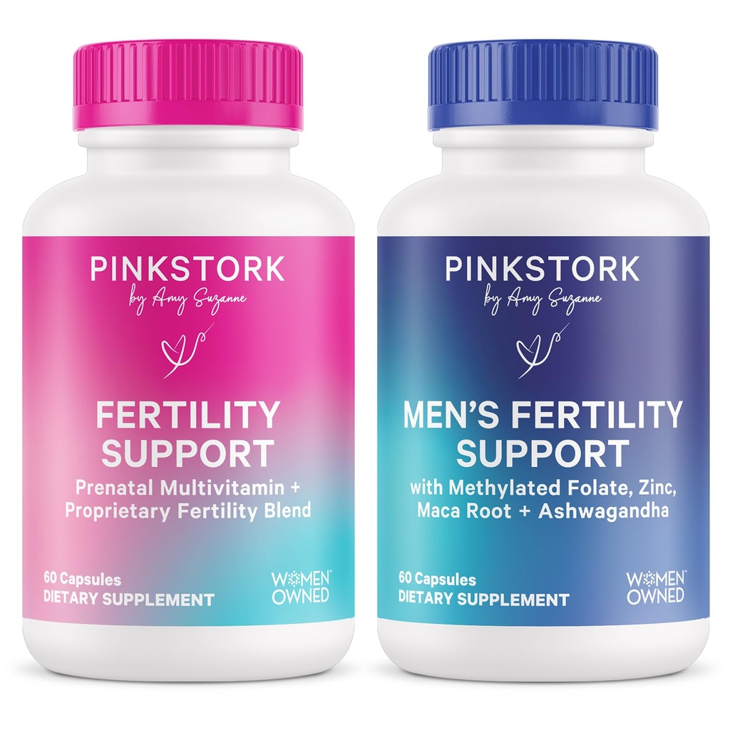 Roz Stork & Blue Stork His and Hers Fertility Bundle: Suplimente de fertilitate pentru femei, Suplimente de fertilitate pentru bărbaţi, Fertilitate Vitamina prenatala, Vitex, Inositol, Folat, Vitamina B6, 60 Capsule