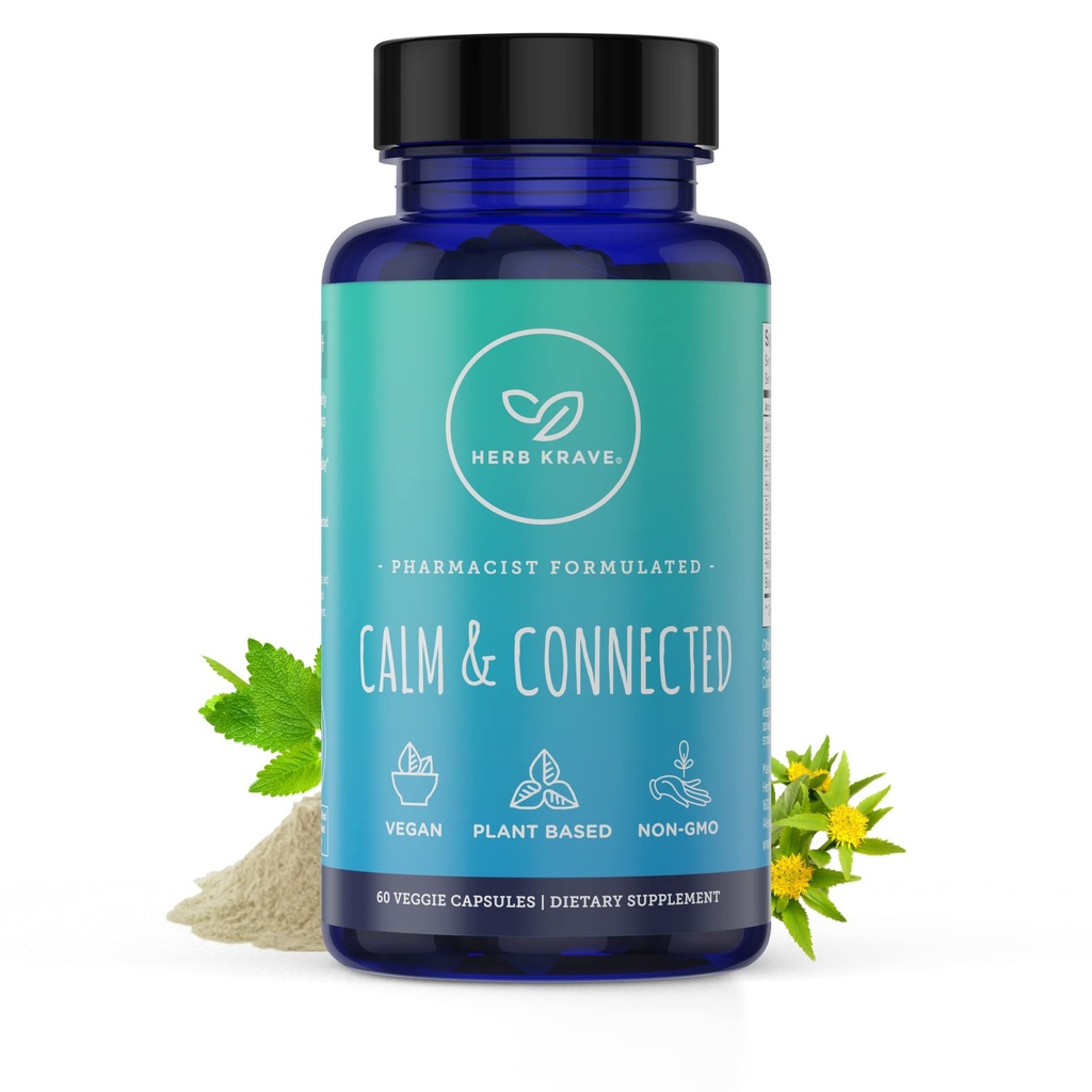 Calm și conectat - Suport de stres & Ayurvedic Nootrop pentru calm natural, focus, claritate și energie, Manager de cortizol cu Ginkgo Biloba, Ashwagandha, Rhodiola, Lemon Balm - 60 Capsule (1)