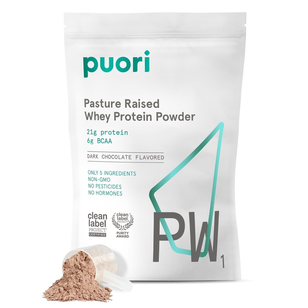 Puori Whey Praf de proteine, Ciocolata intunecata - PW1 Pasture-Raised, Grass-Fed praf de proteine Whey Drink Mix care contine aminoacidi BCAA - Supliment post-workout pentru gain muscular & recuperare - 30 Serviri