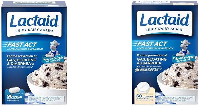 Lactaid Act Rapid Lactoza Intoleranta Relief Caplete cu Lactase Enzim, 96 Conte & Fast Act Intolerance Mestecables cu Enzime Lactase, Vanilie, 60 Conte (Pachet de 1)