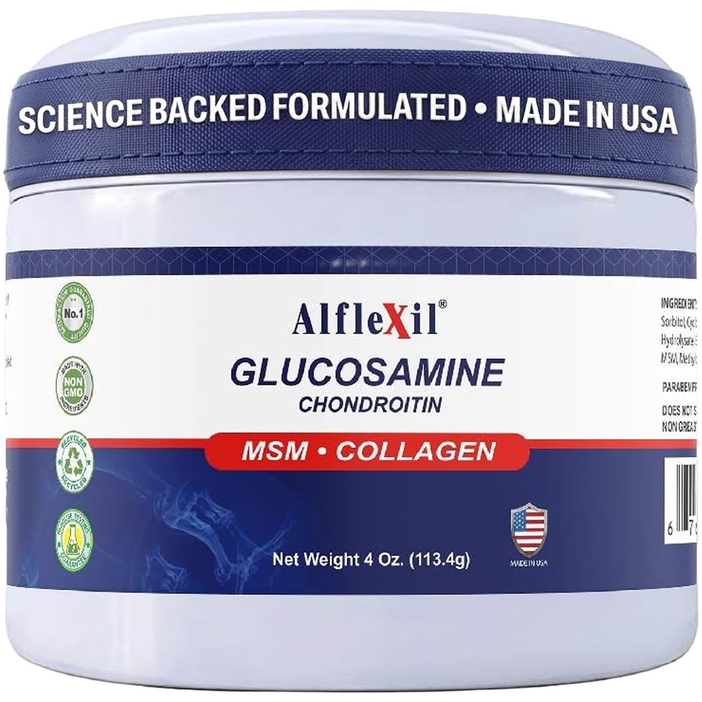 ALFA VITAMINS Alflexil Glucosamine Plus Chondroitin Cream cu MSM & Colagen, Suportă articulații sănătoase, Joint & dureri musculare, Îmbunătățește mobilitatea, Absorbție rapidă, și hidratează pielea, 4 Oz.