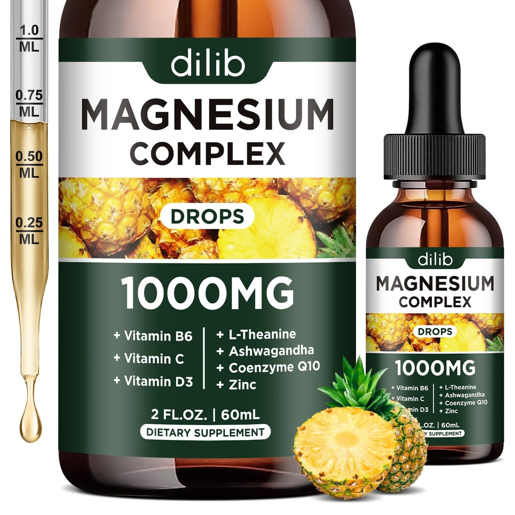 Triple Magneziu Complex Supliment, Magneziu Glicinat, Amestec, Citrat Picături lichide 1000mg cu Ashwagandha, CoQ10, Vitamina B6, C, D, Zinc - Vegan Ananas Aroma
