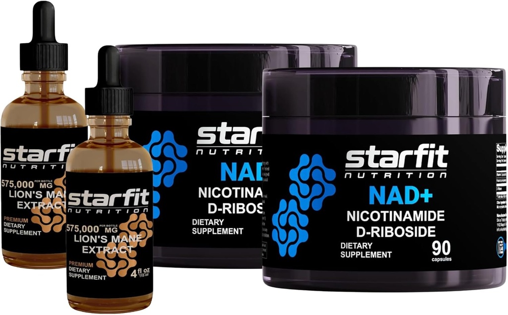 STARFIT - Nicotinamidă D-Ribosid, 180 capsule & Lion's Mane 575.000 Mg Extract, 8 Fl Oz