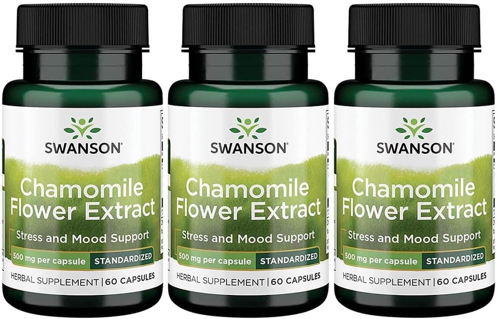 Swanson Chamomile Flower Extract 500 Milligrame Standardizate la 1,2% Apigenin 6 mg per capsulă 60 Capsule 3 Ambalaj