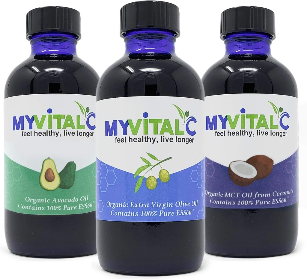 MyVitalC Combo de ulei de măsline organic extra virgin, ulei MCT & Avocado - ESS60 supliment antioxidant - pentru anti-îmbătrânire, longevitate, somn, energie - Pachet de 3