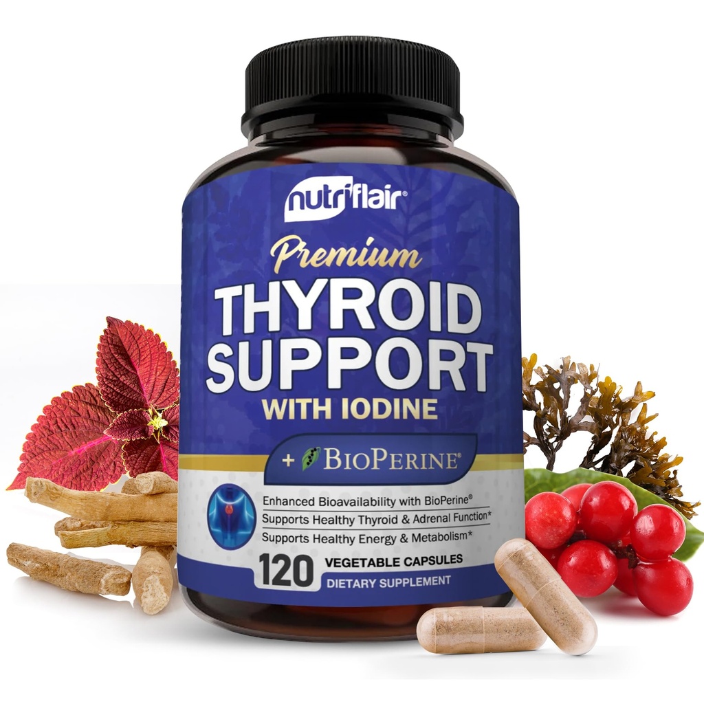 NutriFlair Complex de suport tiroidian, 120 capsule - cu iod, piper negru, Ashwagandha, vitamina B12 - Supliment tiroidian pentru femei și bărbați