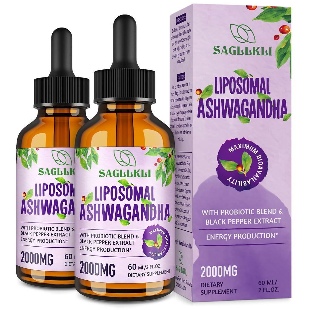 Liposomal Ashwagandha Picături lichide 2000mg, Ashwagandha Supliment extract rădăcină (7% Witanolide) cu extract de piper negru & Probiotice pentru focus, Cognition & Energy - 4 FL.OZ (2 flacon)