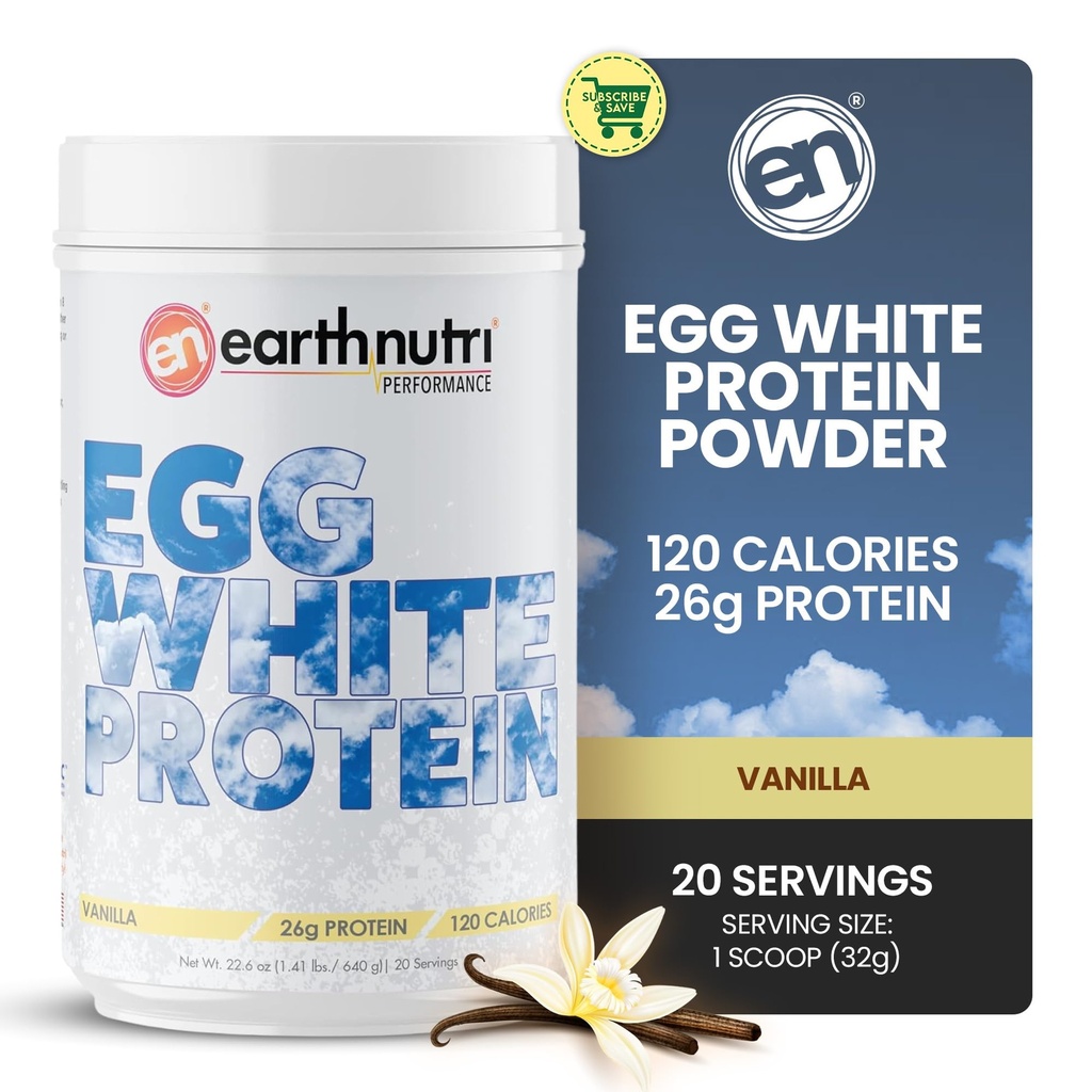 EarthNutri - Ou alb pulbere de proteine Suplimentul pentru Pre, Intra sau Post Antrenament, 26g de proteine per servire, Sprijină puterea musculară & recuperare, Fără aditivi artificiali - Vanilla 20 Serviri (640g)