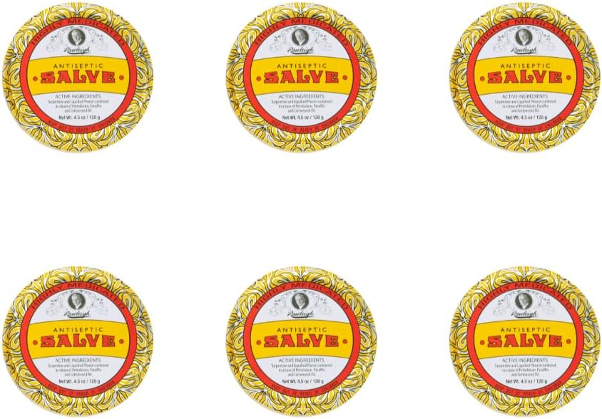 Rawleigh Antiseptic Salve Iconic Yellow Big Tin: 4.5 oz, Multi-Purpose Ointment Soothes Cuts, Vânătăi, Iritații, cu Turpentină, Fenol, Ulei de bumbac și Parafină, Formula originală - Pachet de 6