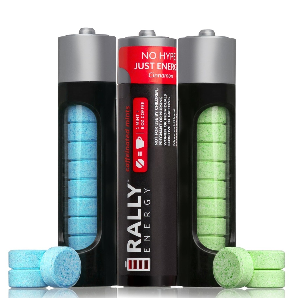 Raliu Caffeine Mints, 60 Milligram, Instant Energy, respirație proaspătă, Cafeinat, 0 Zahăr, mentă naturală, scorțișoară, Wintergreen Variety Pack (3 Pachete, 30 Minți)