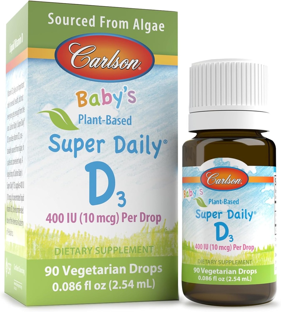 Carlson - Super Daily D3 Baby Vegetarian Liquid Vitamin D picături, 400 UI (10 mcg) pe picătură, Sursat din Algae, pentru sugari și copii mici, Nearomate, 90 picături (2,54 ml)