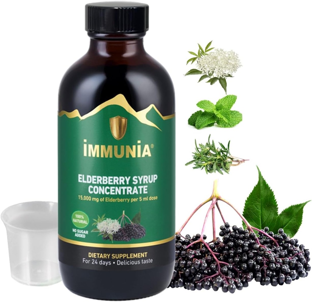 Imunia Elderberry Syrup ajută la consolidarea sistemului imunitar. Concentrează-te cu Elderflower, Cimbru şi Mentă. Fără zahăr adăugat. Gust delicios. 24 zile/Sticlă. (1-Pachet)