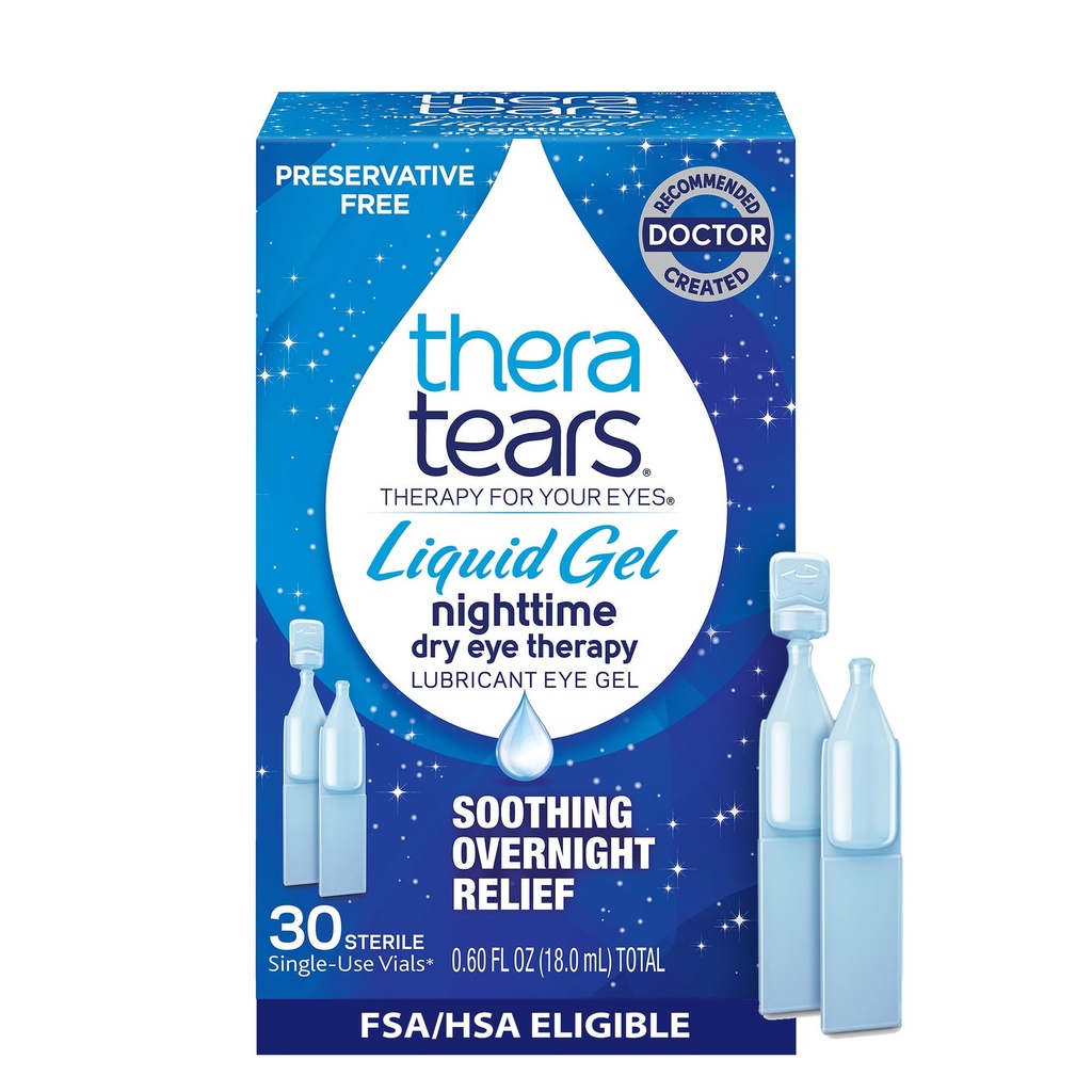 TheraTears Liquid Gel Nighttime Lubricarea picăturilor de ochi pentru ochi uscaţi, flacoane de unică folosinţă, 30 Conte