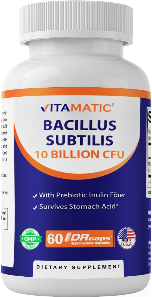 Vitamatic Bacillus Subtilis 10 Miliarde per capsule DR - 60 Conte - Digestive, Gut & Immune Health Support - Made with Prebiotic Inulin Fiber