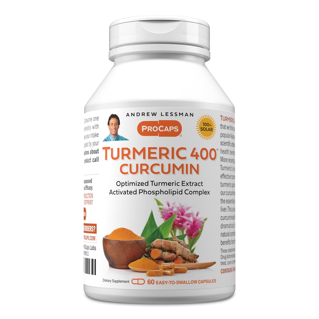 ANDREW LESSMAN Turmeric 400mg - 60 capsule - 95% Curcuminoide ca Complex fosfolipidic pentru beneficii optime şi absorbţie, extract standardizat de potenţă ridicată, capsule mici uşor de înghiţit