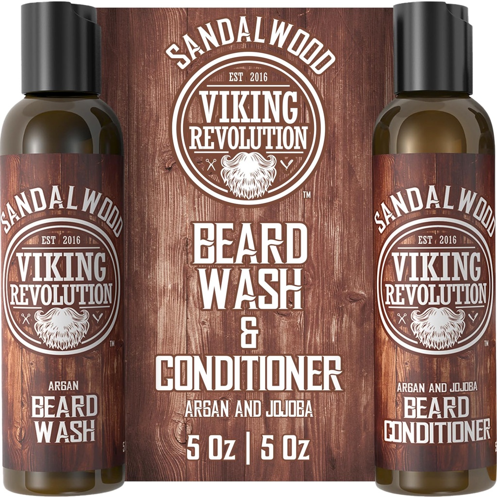 Viking Revolution Beard Wash & Beard Balsam Set de ulei w/Argan & Jojoba - Softens & Consolides - Natural Beard Shampoo w/Bard Oil Sandalwood (5oz)