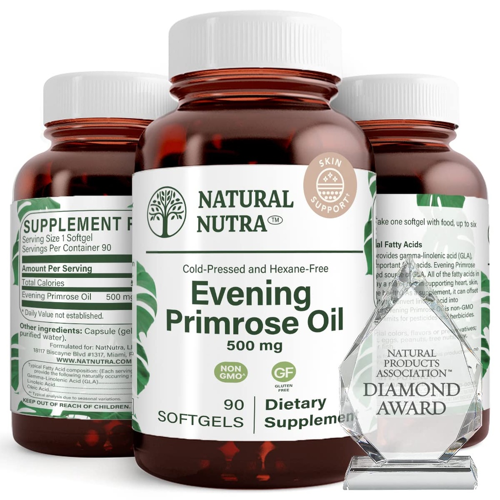 Natural Nutra Evening Primrose Suplimentul de ulei de acid gras, Nervi de sănătate, ajută la reducerea Blemishes pielii, Secretele corpului de echilibru, Promovarea sănătății inimii, Claritatea pielii, 500 mg, 90 Softgels