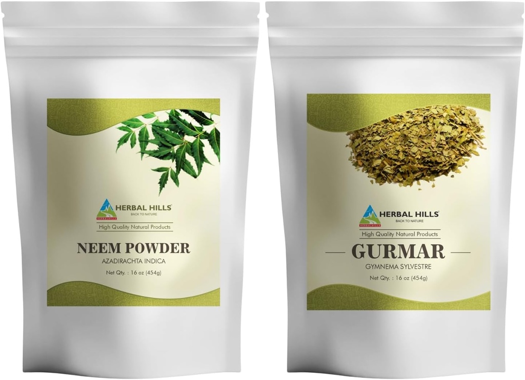 HERBAL HILLS Neem Leaf Powder și Gurmar pulbere Gymnema Sylvestre ambalaj de 2 Combo