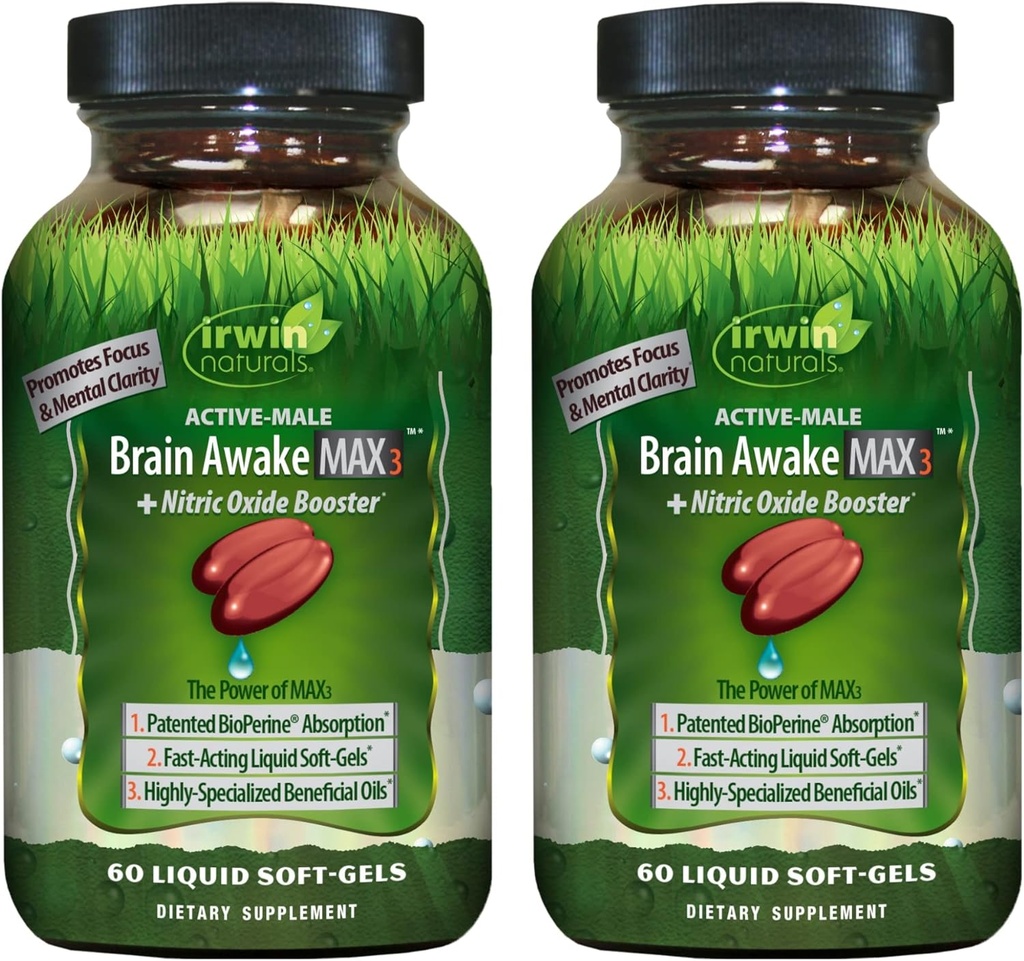 Irwin Naturals Brain Awake Max3 + Nitric oxid Booster - 60 lichid Soft-Gels, Pachet de 2 - Suport creier de sănătate și optimizarea performanței - 40 Total serviri