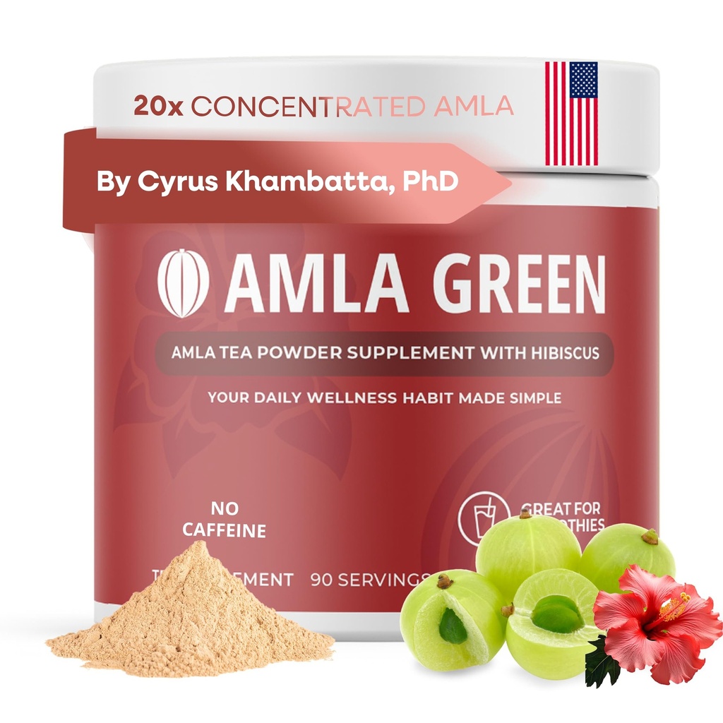Amla Powder & Green Tea Superfood Supliment cu Hibiscus, 20x Ultra concentrat Amla, suport antioxidant, Made with Oolong Tea and Indian Gooseberries, Organic, Vegan, Hibiscus, 90 Servings