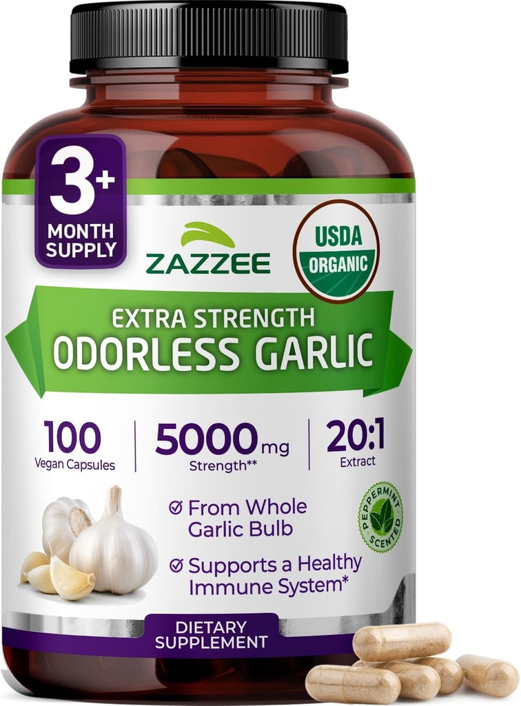 Zazzee USDA Organic Odorless Garlic 20:1 Extract, 5000 mg Strength, 100 Vegan Capsules, 3+ Month Supply, Standardized, Concentrated 20X Extract, 100% Vegetarian, All-Natural, Non-GMO, Made in The USA
