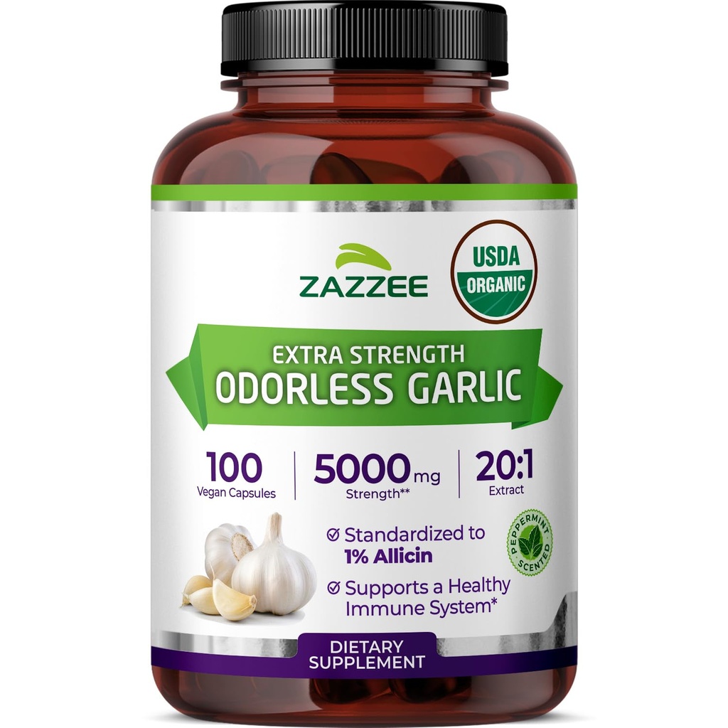 Zazzee USDA Organic Odorless Usturoi 20:1 Extract, 5000 mg Putere, 100 capsule Vegan, 3+ Luna de aprovizionare, Standardizat, Concentrat 20X Extract, 100% Vegetarian, All-Natural, Non-GMO, Made in the USA