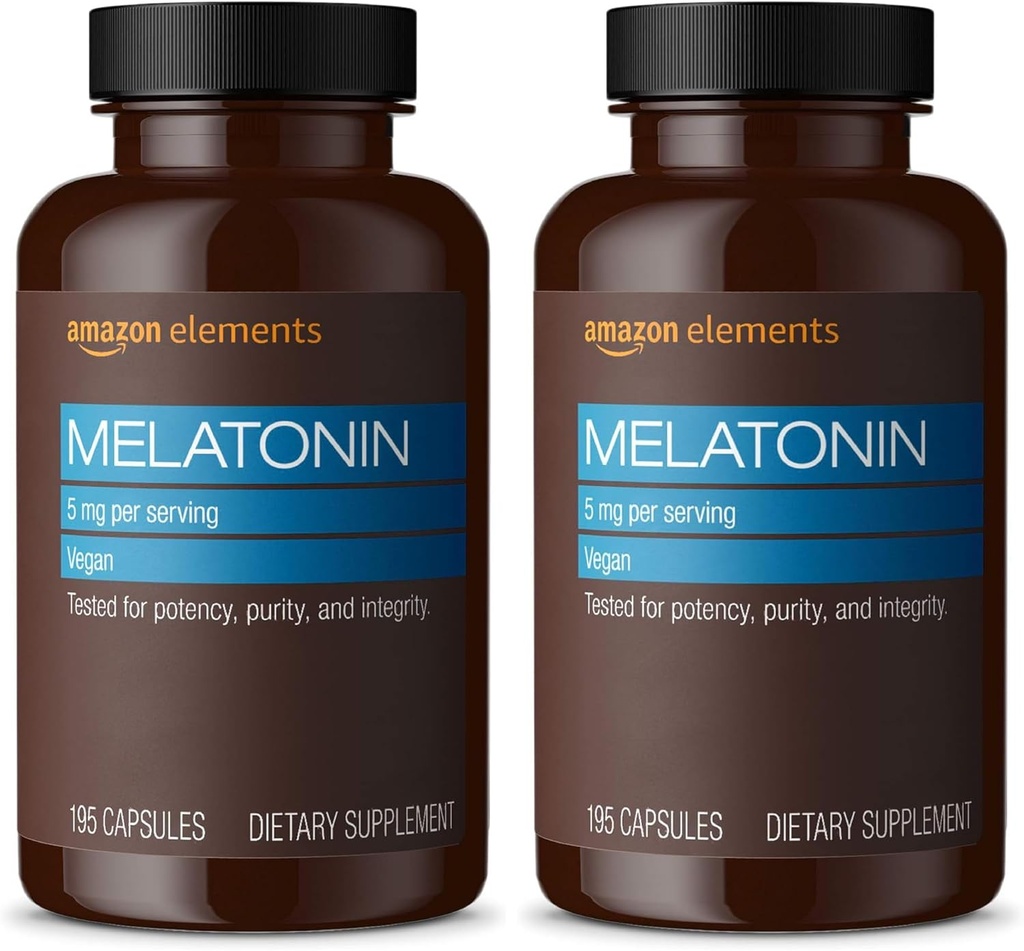 Elemente - Melatonina 5mg Capsule, Ajuta cu somnolenta ocazionala, Vegan, Nearomat, 195 Conte (Pachet de 2, 6 luni de aprovizionare (Pachet mai Vary)