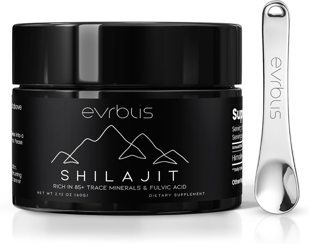 Pure Himalayan Organic Shilajit Resin, Max Potency Gold Grade Shilajit Suplimentul pentru bărbați și femei Energie Naturală Boost & Immune Support cu 85 + Trace Minerale & Acid Fulenic (60 Grams, 120 Serving).