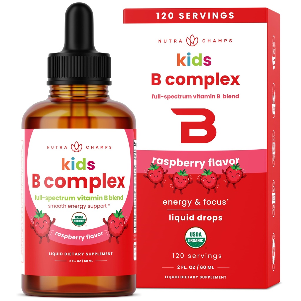 NutraChamps Vitamina B Complex pentru copii, B1, B2, B3, B6, B7, B9 & Methyl B12, Kids B Complex picături lichide Supliment, energie, Focus, Metabolism, Berry natural, 120 Serviri, 4 luni de aprovizionare