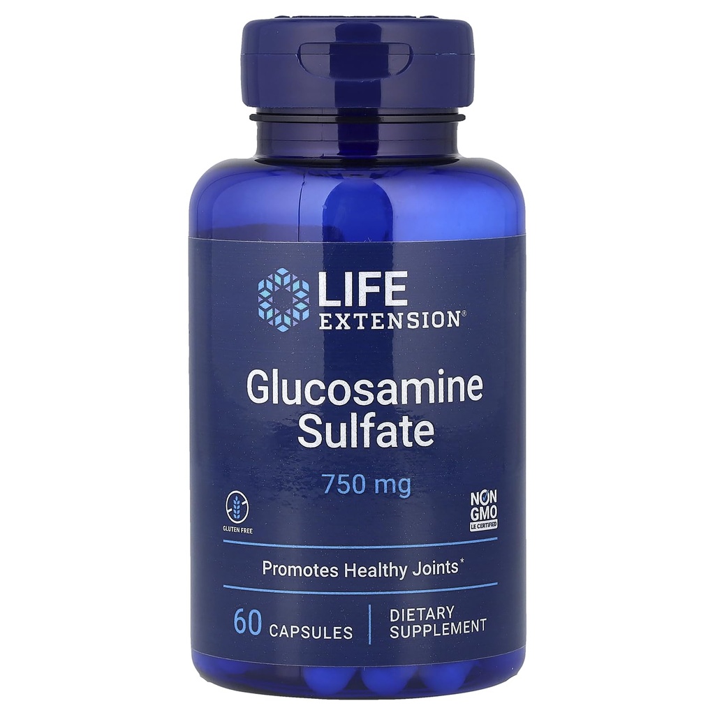 Extensie de viaţă Glucosamină Sulfat, 750 mg, susţine genunchi Comfort şi sănătate comună, gluten-free, non-GMO, 60 capsule