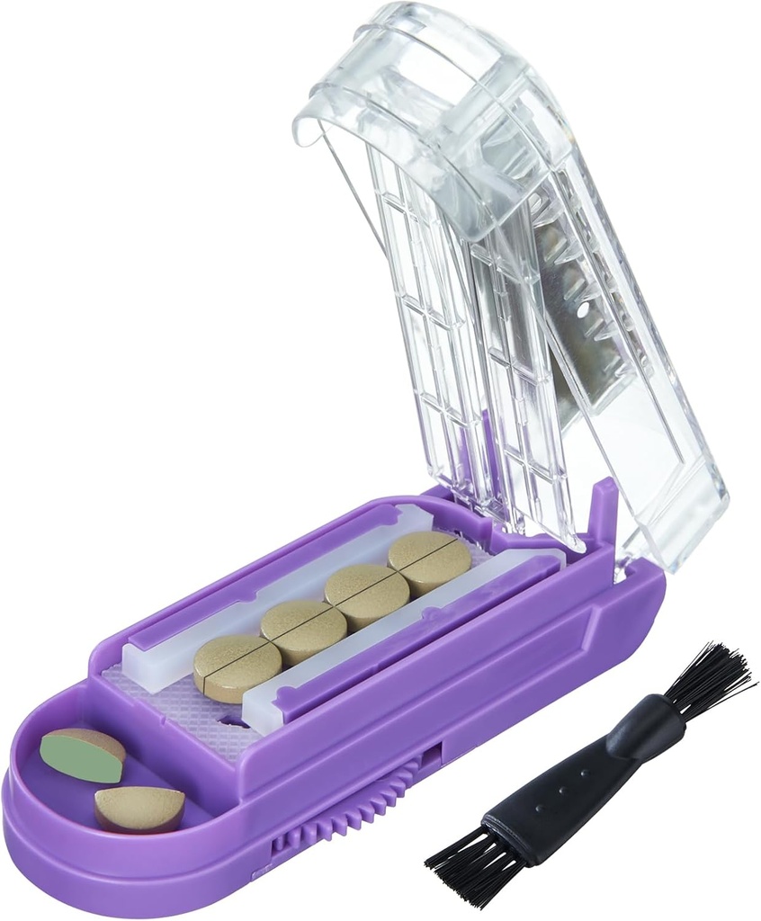 Pilula Cutter pentru pastile multiple la un moment dat, Pilula Cutter Splitter pentru pastile mici și mici, Pilula Cutter pentru pastile mici sau mari, Pilula Splitter cu lama de oțel inoxidabil ascuțite ascunse (Purple+Clear)