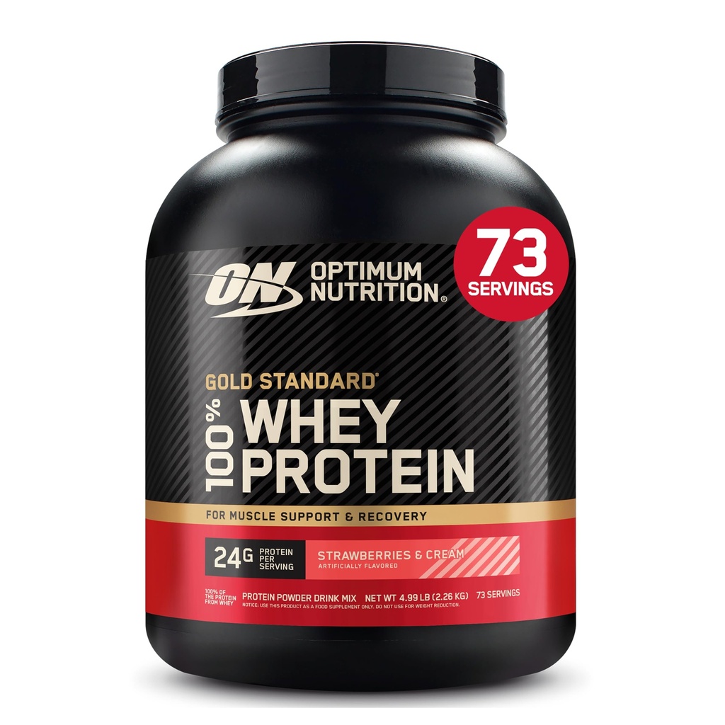 Optimum Nutrition Gold Standard 100% Whey Proteine pulbere, căpșuni și cremă, 5 Pound (Packing May Vary)