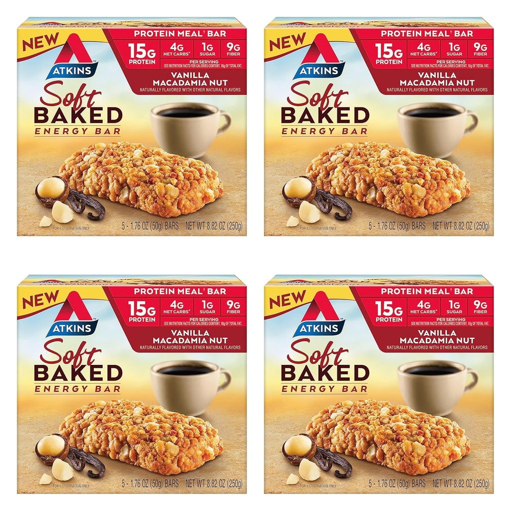 Atkins Vanilla Macadamia Nut Aromated Soft Energy Bars, High in Proteine, Low Sugar, High Fiber Snack, Proteine Snack, 4 Packs (4 Baruri fiecare)