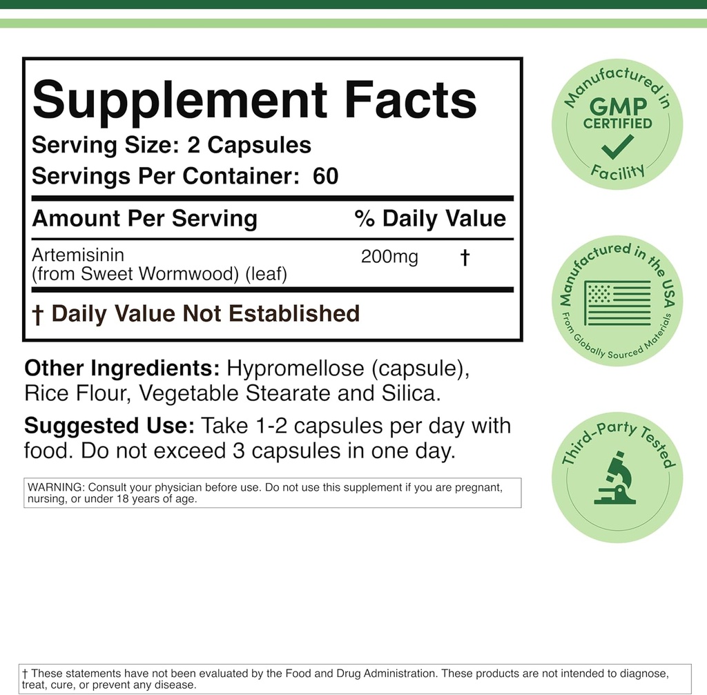 Artemisinina (Sweet Wormwood Cleanse) (Artemisia Annua) 200 mg Per Serving, 120 capsule (Două luni de aprovizionare) Vegan Seif, non-GMO, Gluten Free (Immune Support) de lemn dublu