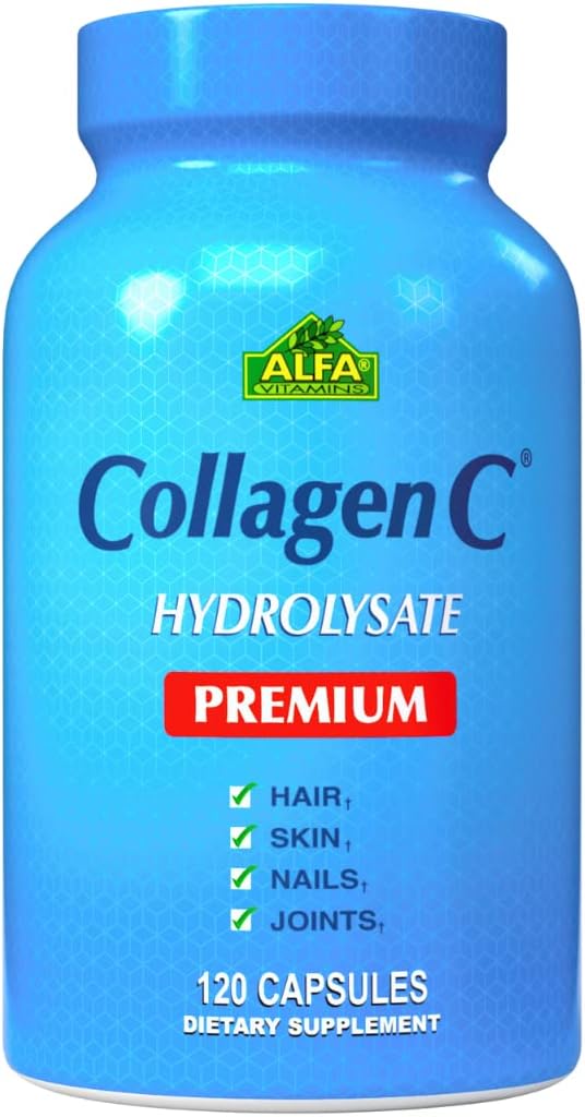 ALFA VITAMINS ColagenC Hidrolysat Premium Supliment alimentar cu vitamina C, Suporturi Piele, Păr, Nails & Bone Health, Îmbunătățește producția de colagen, Colagen Peptide pentru întinerire,120 capsule