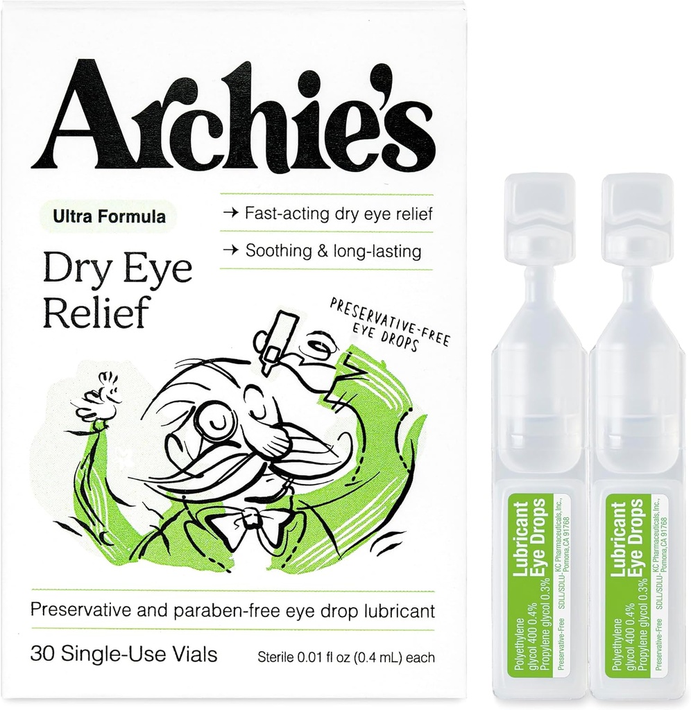 Remediile lui Archie, Relief Ochi Sec, Picături Ultra Ochi Lubricante, Formula Clean şi Flacoane Conservative-Free, Unic-Utilizare, pentru Iritaţie şi Ochi Roşii, Lacrimi Naturale, 30 Conte